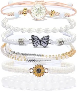 DS 6PCS String beads Charm Bracelets for Teen Girls Handmade Braided Rope Butterfly daisies Eternal flower Boho Surfer Bracelet for women Adjustable friendship Stretch birthday jewelry Gift Friends