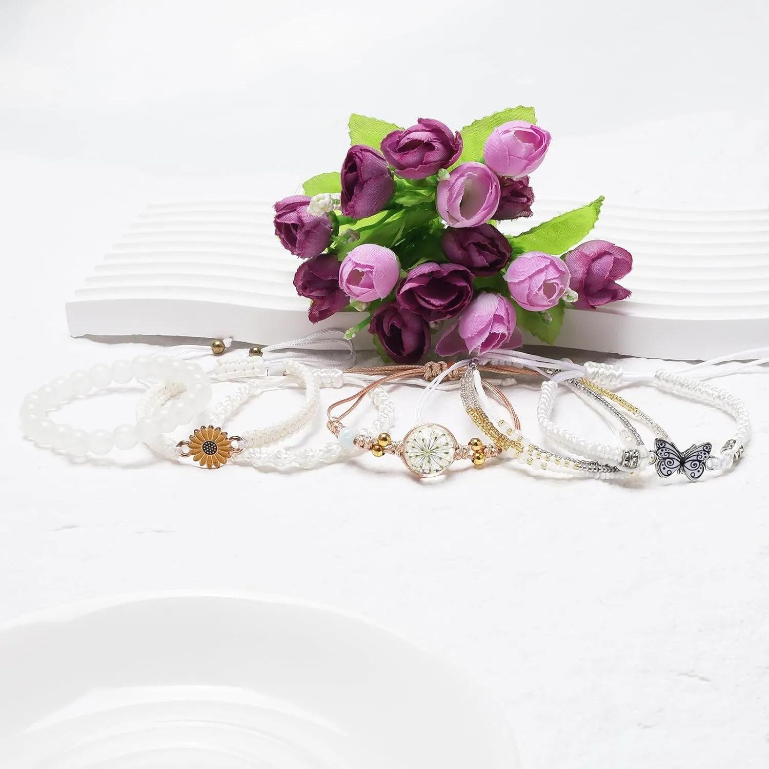DS 6PCS String beads Charm Bracelets for Teen Girls Handmade Braided Rope Butterfly daisies Eternal flower Boho Surfer Bracelet for women Adjustable friendship Stretch birthday jewelry Gift Friends