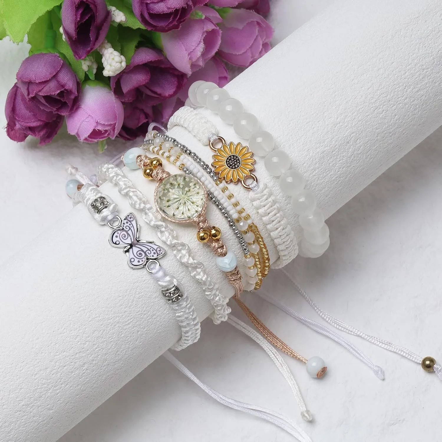 DS 6PCS String beads Charm Bracelets for Teen Girls Handmade Braided Rope Butterfly daisies Eternal flower Boho Surfer Bracelet for women Adjustable friendship Stretch birthday jewelry Gift Friends