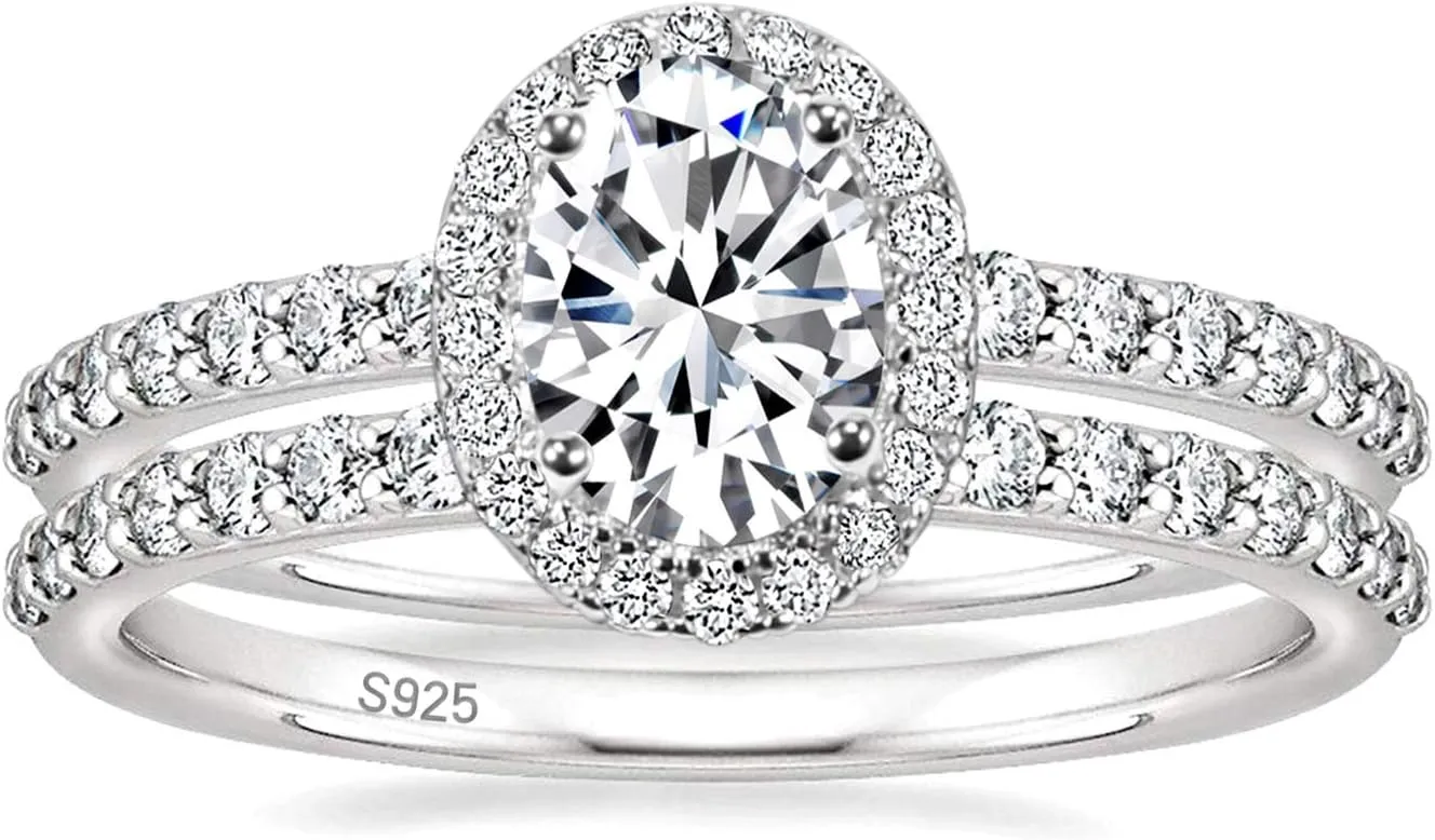 EAMTI 1.5CT 925 Sterling Silver Cubic Zirconia Bridal Rings Sets Oval Cut CZ Engagement Rings Wedding Band for Women Size 4-10