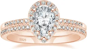 EAMTI 1.5CT 925 Sterling Silver Wedding Band Teardrop Bridal Rings Sets Halo Cubic Zirconia Solitaire Promise Engagement Rings for Women Size 3-11