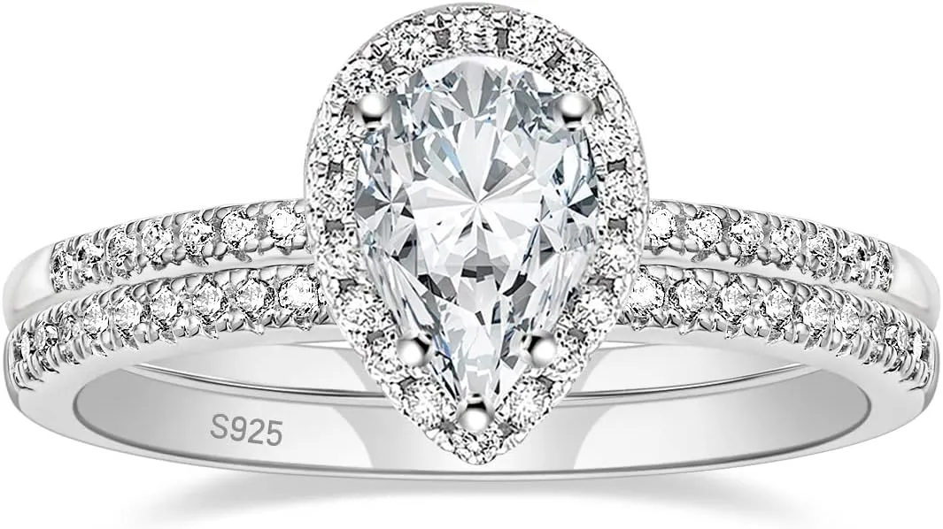 EAMTI 1.5CT 925 Sterling Silver Wedding Band Teardrop Bridal Rings Sets Halo Cubic Zirconia Solitaire Promise Engagement Rings for Women Size 3-11