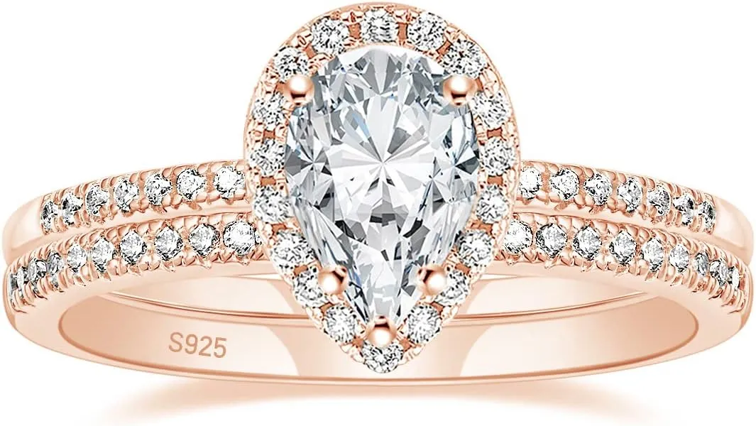 EAMTI 1.5CT 925 Sterling Silver Wedding Band Teardrop Bridal Rings Sets Halo Cubic Zirconia Solitaire Promise Engagement Rings for Women Size 3-11