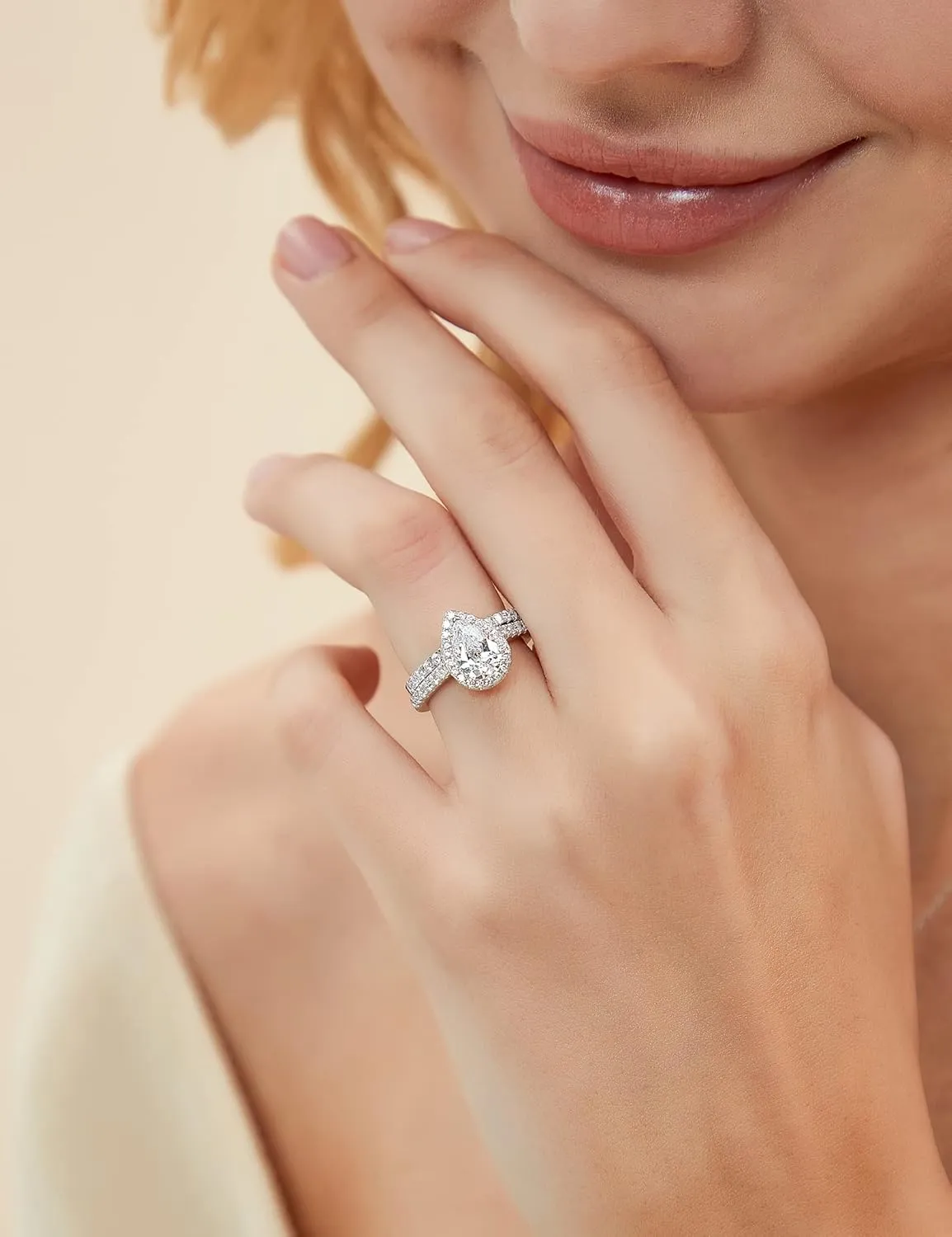 EAMTI 1.5CT 925 Sterling Silver Wedding Band Teardrop Bridal Rings Sets Halo Cubic Zirconia Solitaire Promise Engagement Rings for Women Size 3-11