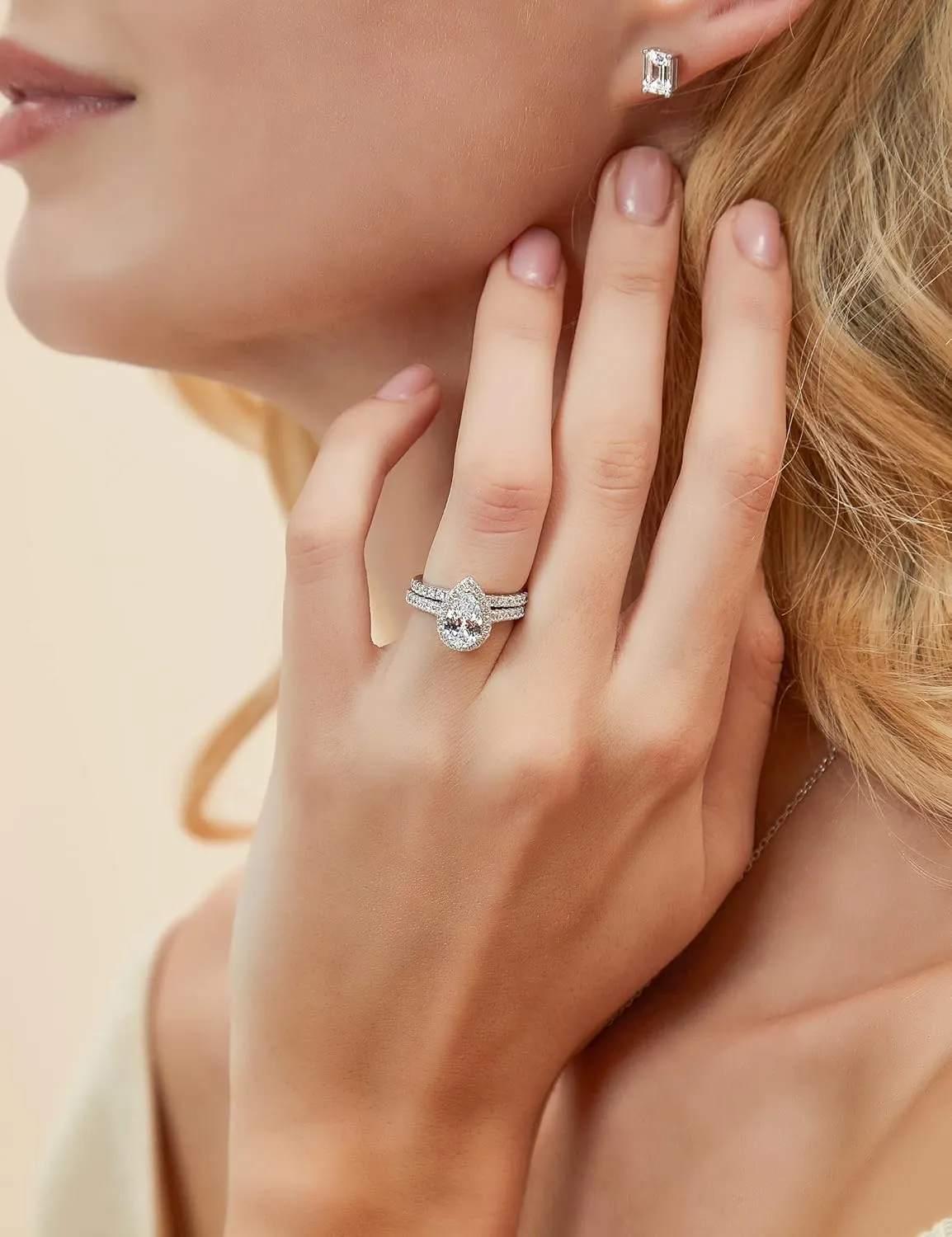 EAMTI 1.5CT 925 Sterling Silver Wedding Band Teardrop Bridal Rings Sets Halo Cubic Zirconia Solitaire Promise Engagement Rings for Women Size 3-11