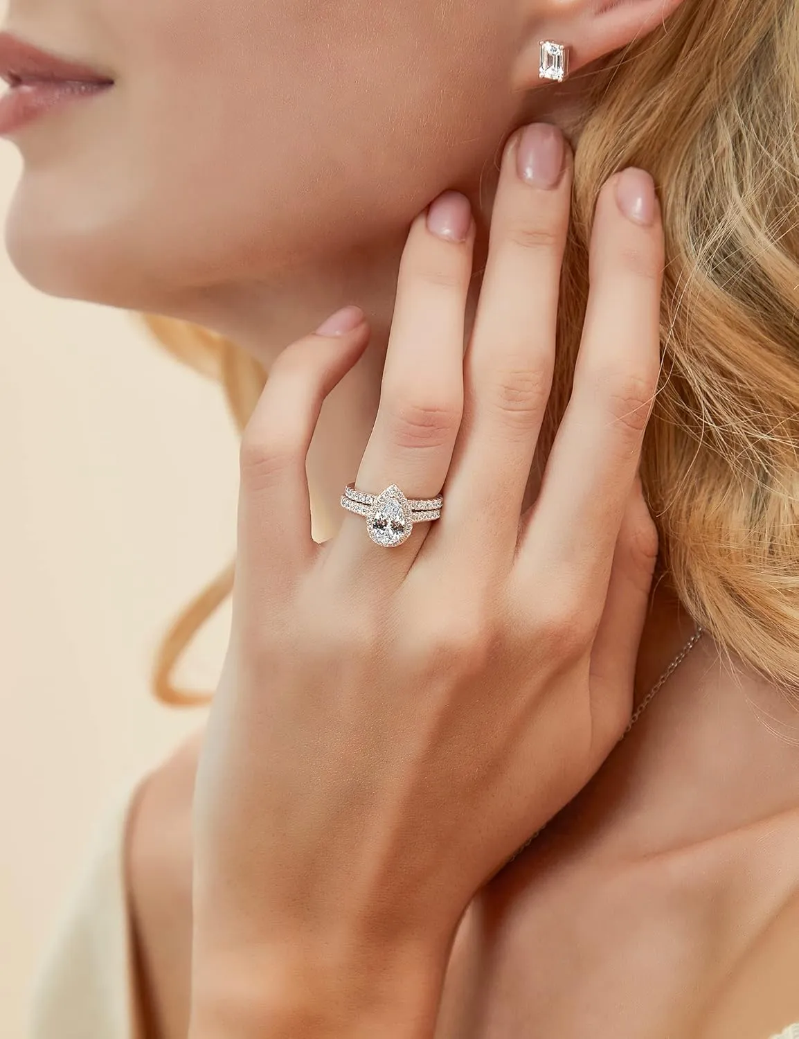 EAMTI 1.5CT 925 Sterling Silver Wedding Band Teardrop Bridal Rings Sets Halo Cubic Zirconia Solitaire Promise Engagement Rings for Women Size 3-11