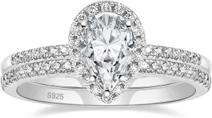 EAMTI 1.5CT 925 Sterling Silver Wedding Band Teardrop Bridal Rings Sets Halo Cubic Zirconia Solitaire Promise Engagement Rings for Women Size 3-11