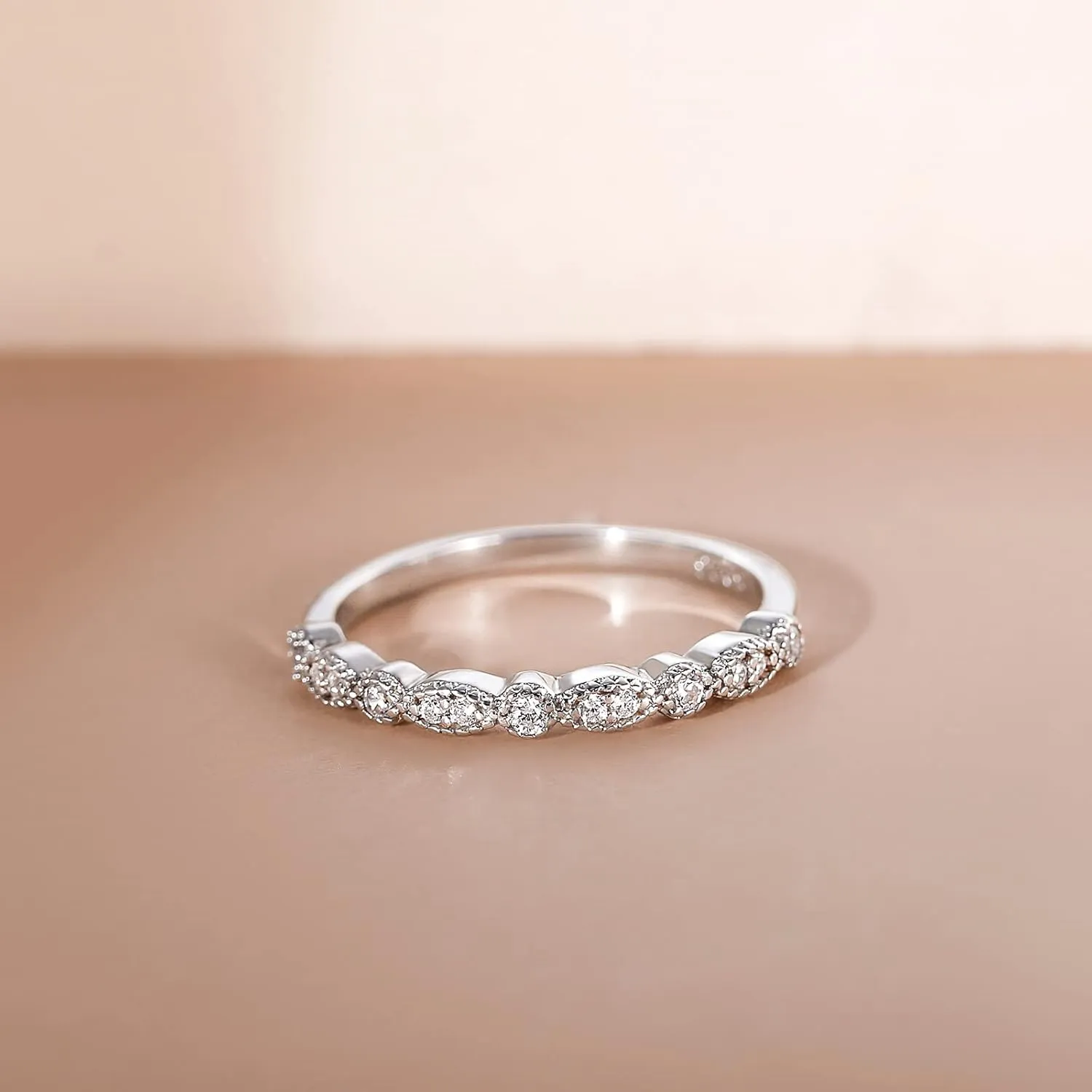 EAMTI 925 Sterling Silver Wedding Band for Women Cubic Zirconia Marquise & Round Milgrain Half Eternity Stackable Ring Size 5-10