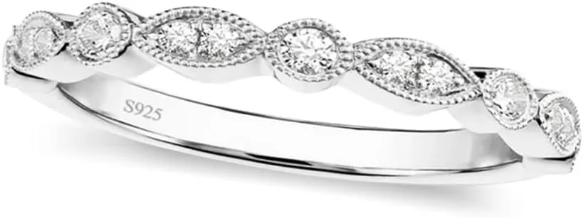 EAMTI 925 Sterling Silver Wedding Band for Women Cubic Zirconia Marquise & Round Milgrain Half Eternity Stackable Ring Size 5-10