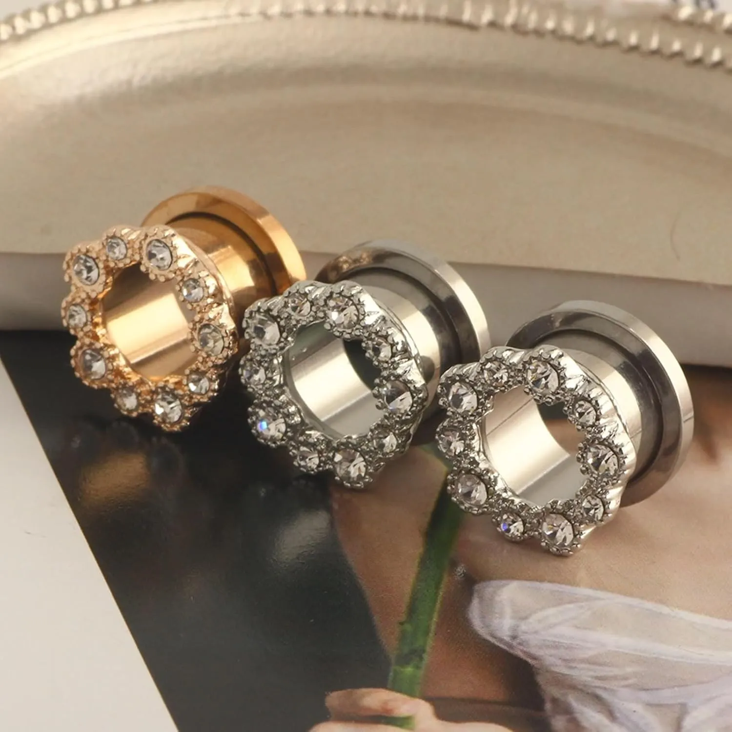 Ear Gauges Plugs Stainless Steel Women Rose Gold/Silver White Round Cubic Zirconia Ear Tunnels Expander, 2PCS, 6MM/8MM/10MM/12MM/14MM/16MM
