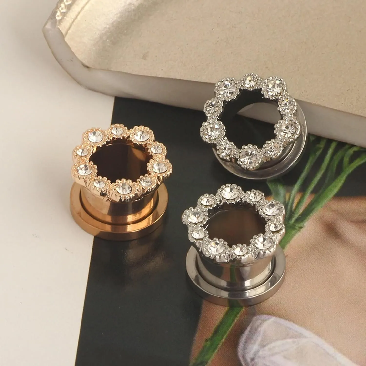 Ear Gauges Plugs Stainless Steel Women Rose Gold/Silver White Round Cubic Zirconia Ear Tunnels Expander, 2PCS, 6MM/8MM/10MM/12MM/14MM/16MM