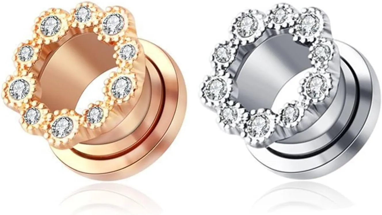 Ear Gauges Plugs Stainless Steel Women Rose Gold/Silver White Round Cubic Zirconia Ear Tunnels Expander, 2PCS, 6MM/8MM/10MM/12MM/14MM/16MM