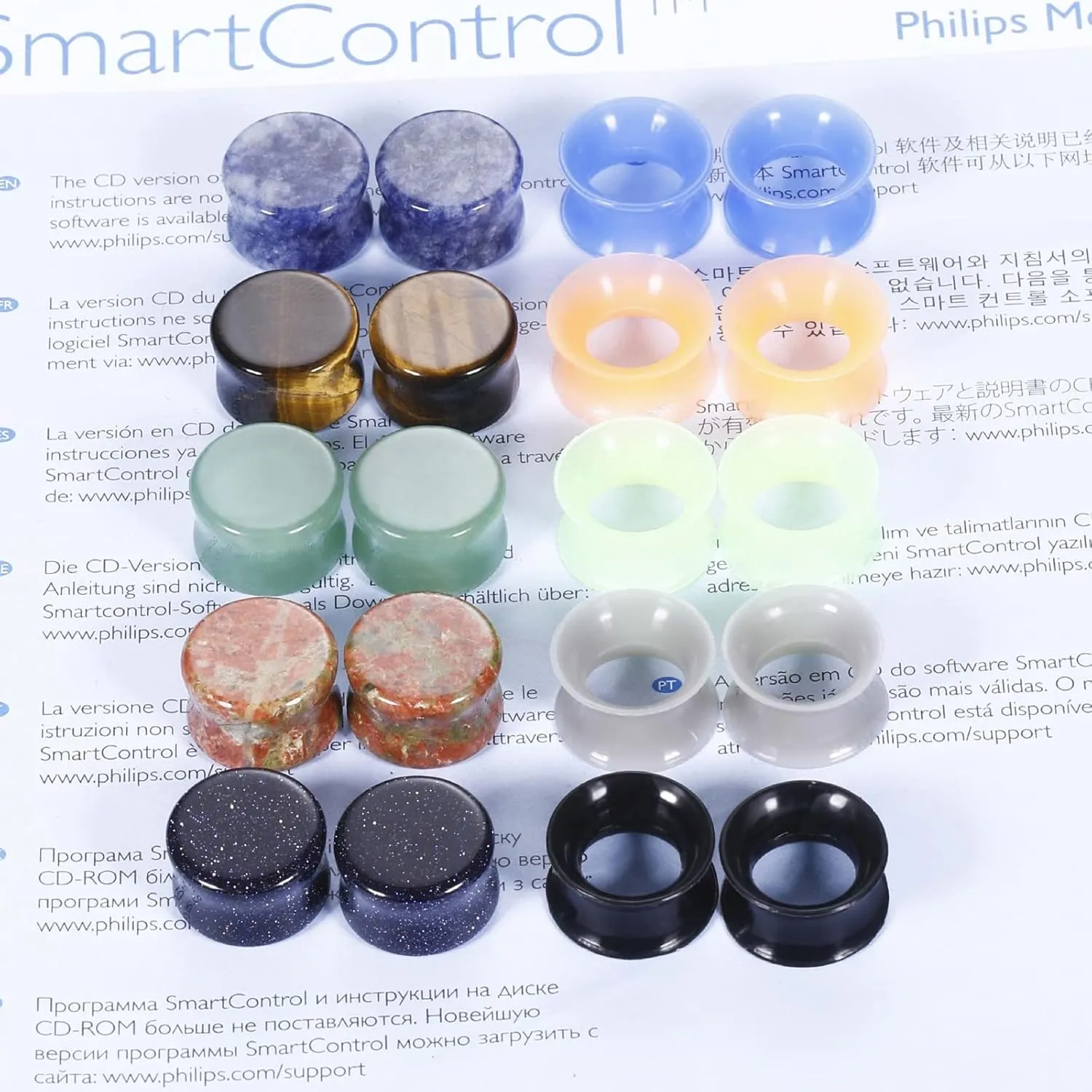 Ear Gauges Stretching Silicone Women and Men Multicolor Round Stone and Hoop Ear Tunnels Ear Expander Jewelry, 20PCS, 6MM - 16MM