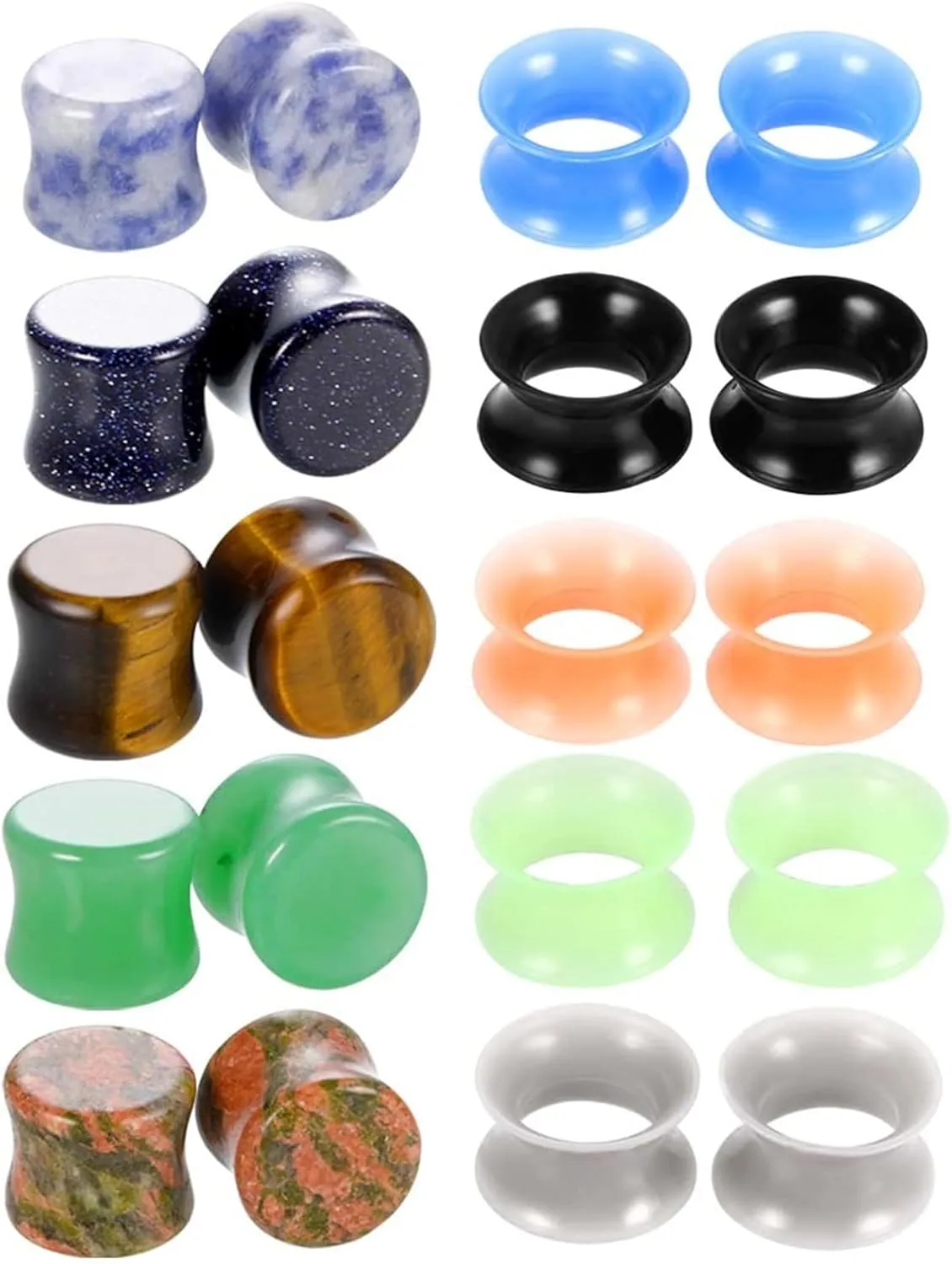Ear Gauges Stretching Silicone Women and Men Multicolor Round Stone and Hoop Ear Tunnels Ear Expander Jewelry, 20PCS, 6MM - 16MM