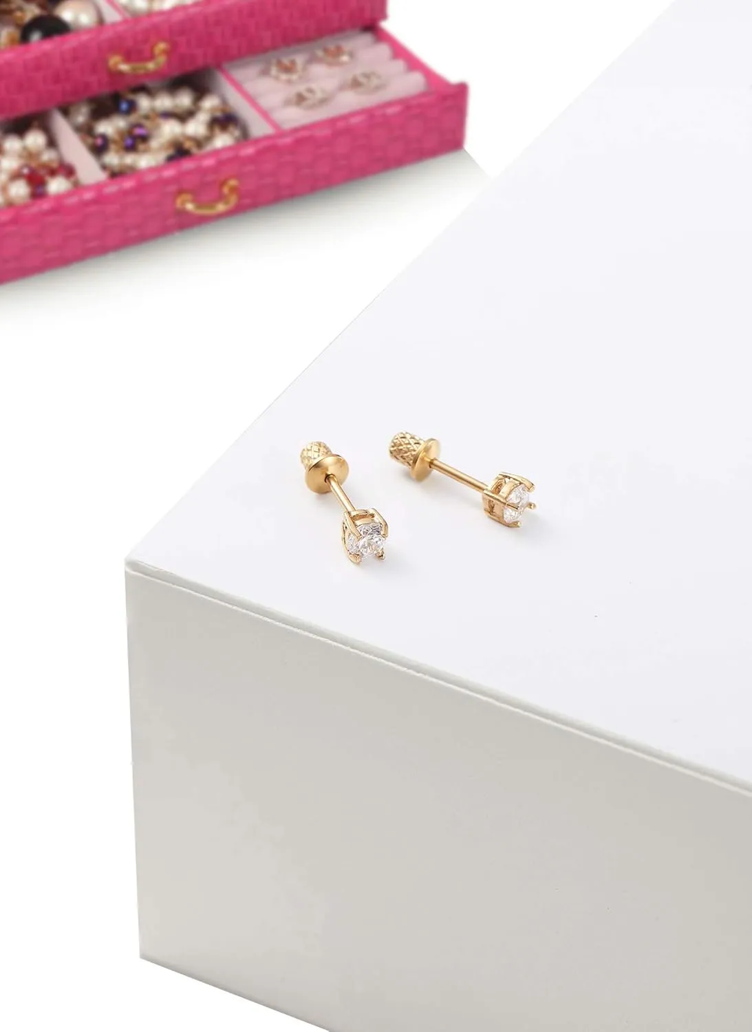 Earrings for Girls, 18k Yellow Gold Plated CZ Hypoallergenic Stud Earrings - Screw On Safety Backs, Stainless Steel Posts for Kids, Toddlers, Teens