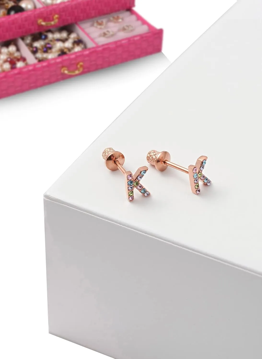 Earrings For Girls,18k Gold Plated Multicolored Alphabet Letter Initial Hypoallergenic Earrings, Stud Screw On Safety Backs, Stainless Steel Ultra Sensitive Ears Post For Kids, Little Girls, Teens