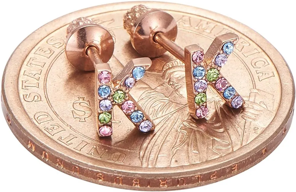 Earrings For Girls,18k Gold Plated Multicolored Alphabet Letter Initial Hypoallergenic Earrings, Stud Screw On Safety Backs, Stainless Steel Ultra Sensitive Ears Post For Kids, Little Girls, Teens