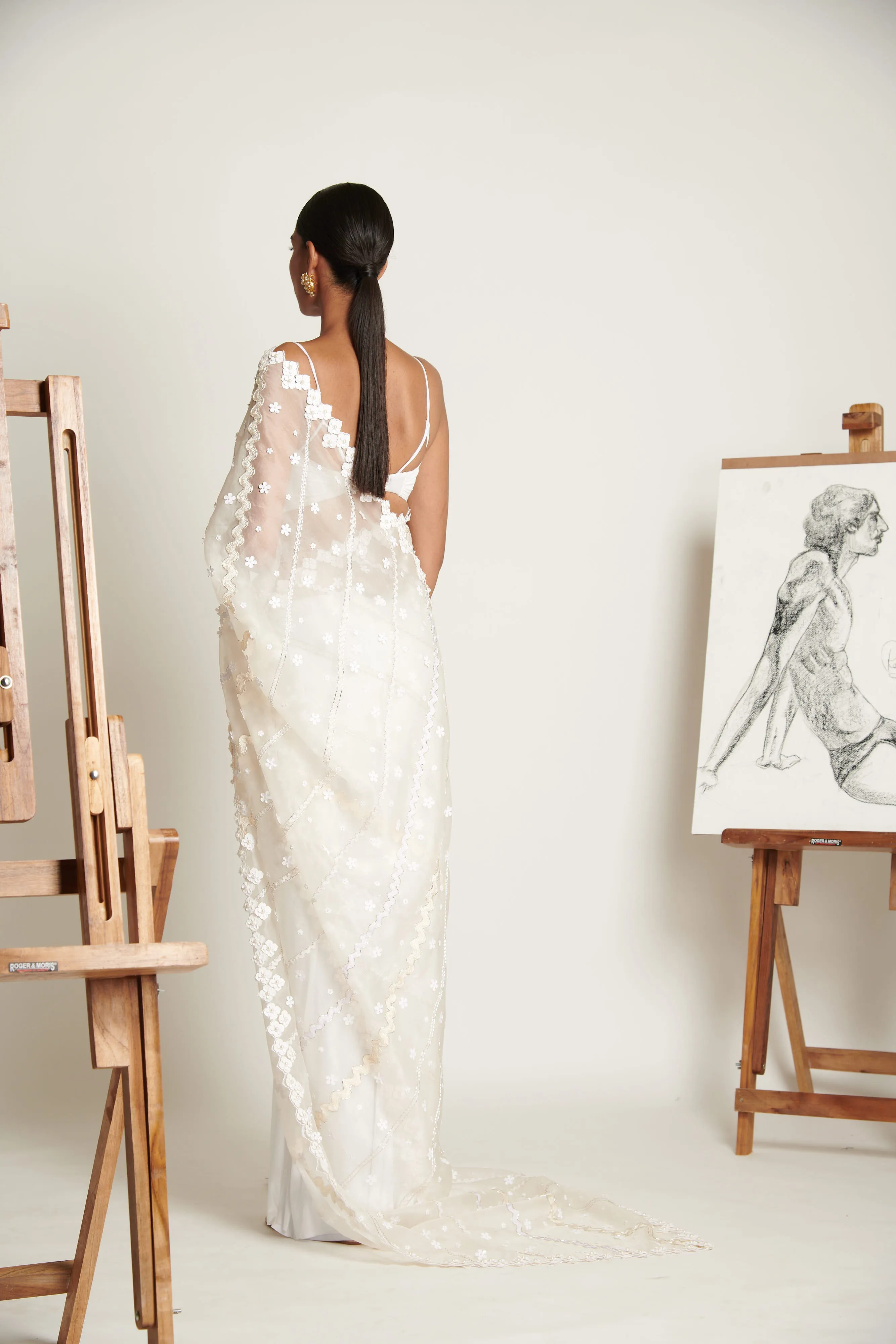 Ecru Floret Applique Tailored Sari with Ruched Bustier