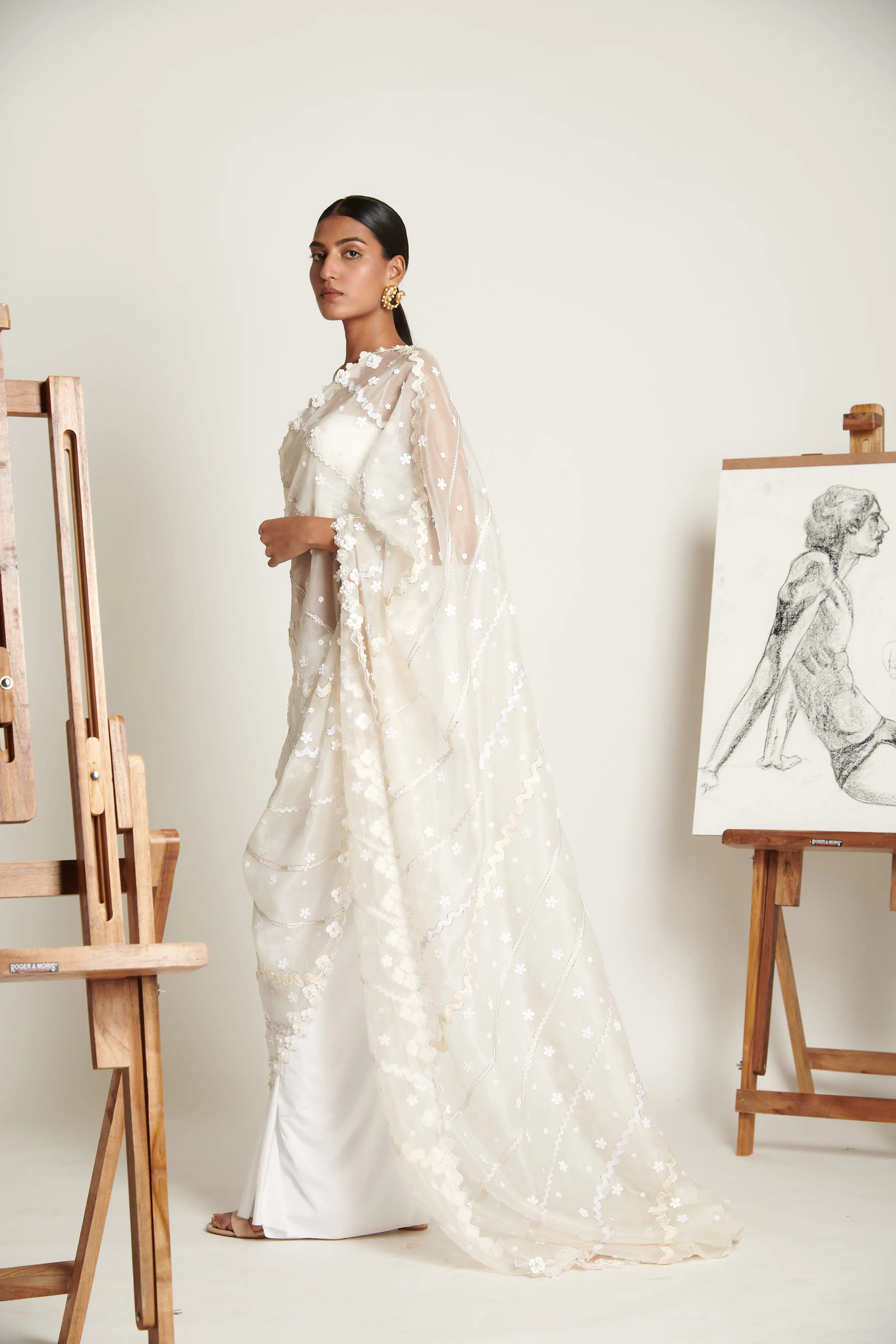 Ecru Floret Applique Tailored Sari with Ruched Bustier