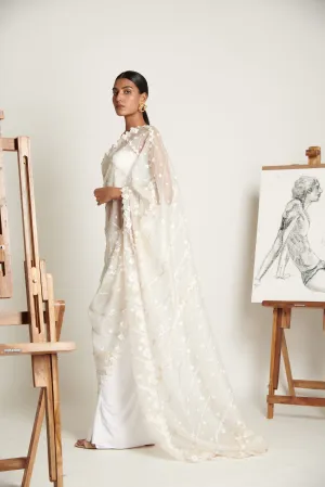 Ecru Floret Applique Tailored Sari with Ruched Bustier