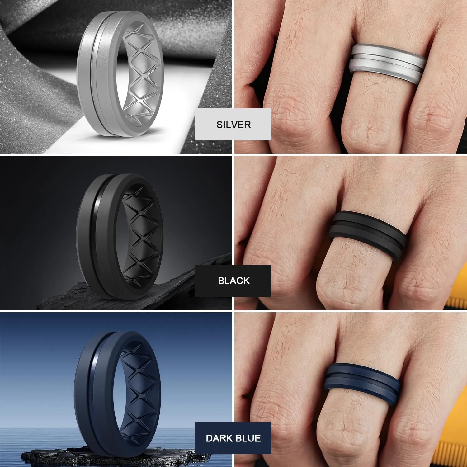Egnaro Silicone Ring Men 1/4/6 Multipack Breathable Mens Silicone Rubber Bands Wedding Rings for Men Engagement Bands - 8mm Width 2mm Thickness