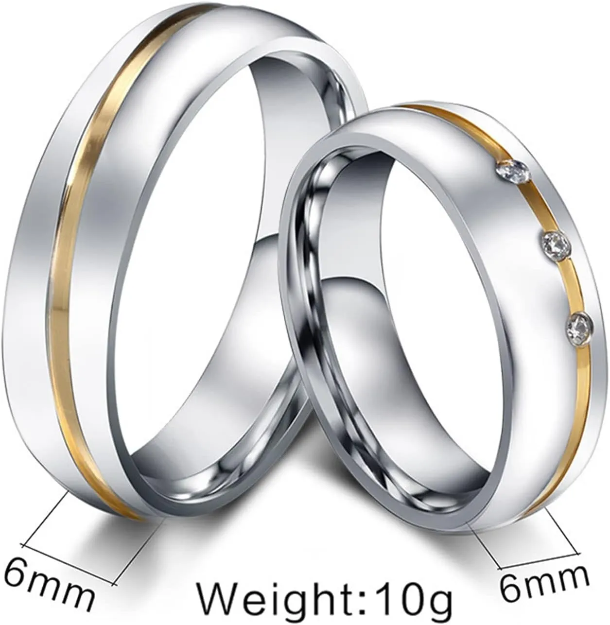 Engagement Rings, 6MM Stainless Steel Couple Ring Silver Gold Two Tone Jewelry Wedding Anniversary Rings