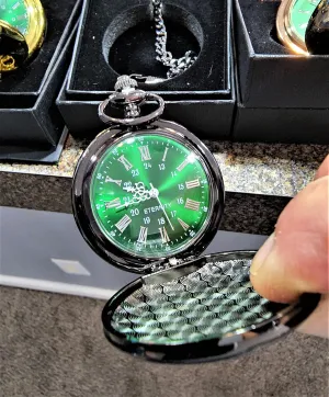 Engraved pocket watch, Green dial with Roman numerals, comes with the chain, fitted box and engraving. Vintage style Gold pocket watch personalized (Black)