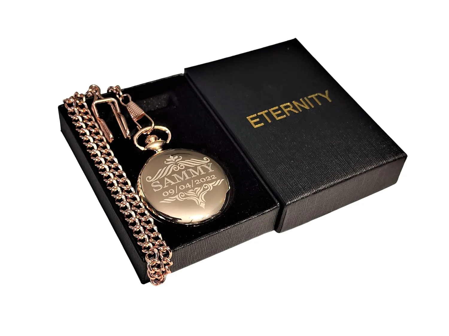 Engraved pocket watch, Green dial with Roman numerals, comes with the chain, fitted box and engraving. Vintage style Gold pocket watch personalized (Black)