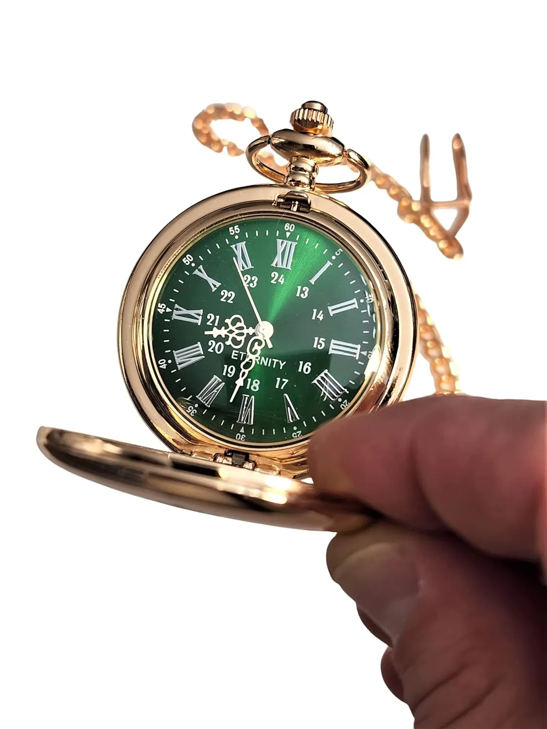 Engraved pocket watch, Green dial with Roman numerals, comes with the chain, fitted box and engraving. Vintage style Gold pocket watch personalized (Black)