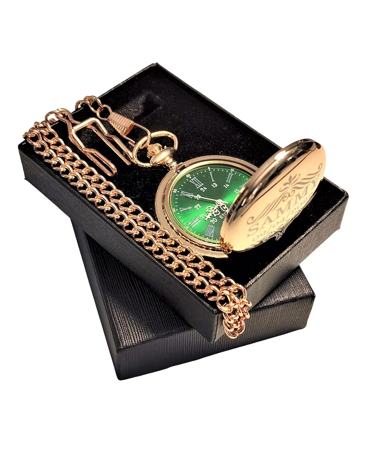 Engraved pocket watch, Green dial with Roman numerals, comes with the chain, fitted box and engraving. Vintage style Gold pocket watch personalized (Black)