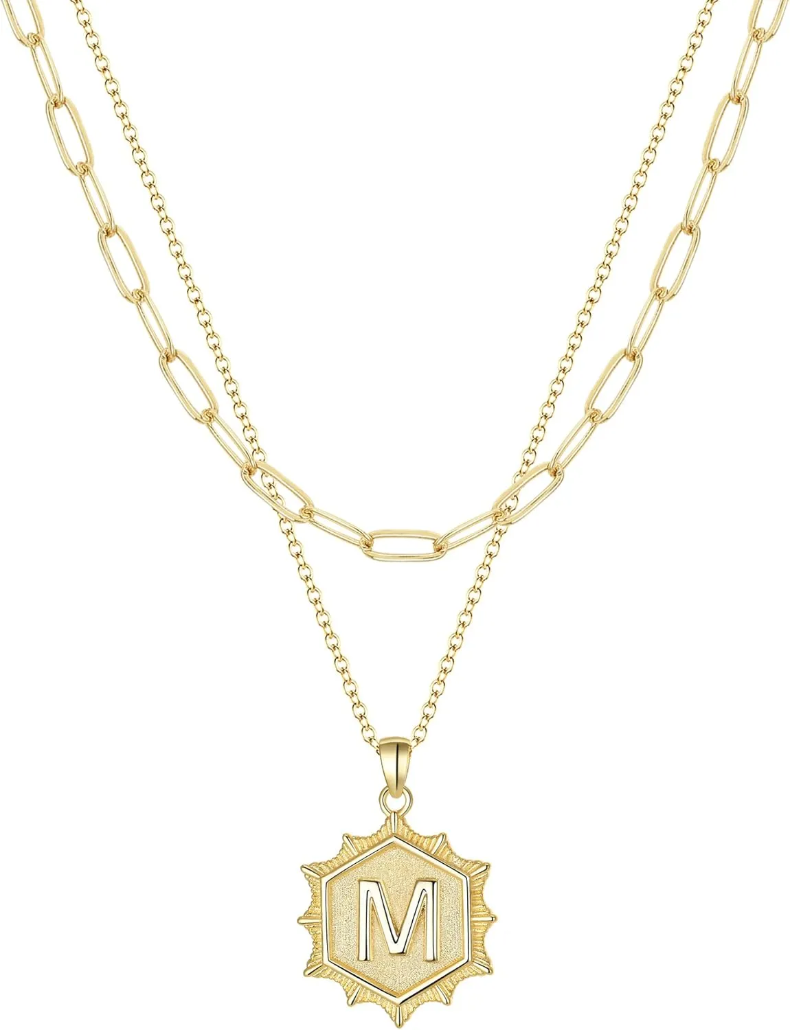 EVER FAITH Layered Initial Pendant Choker Necklaces, Simple Cute Hexagon Letter Paperclip Chain Necklace for Women Jewelry Gifts