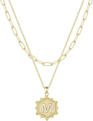 EVER FAITH Layered Initial Pendant Choker Necklaces, Simple Cute Hexagon Letter Paperclip Chain Necklace for Women Jewelry Gifts
