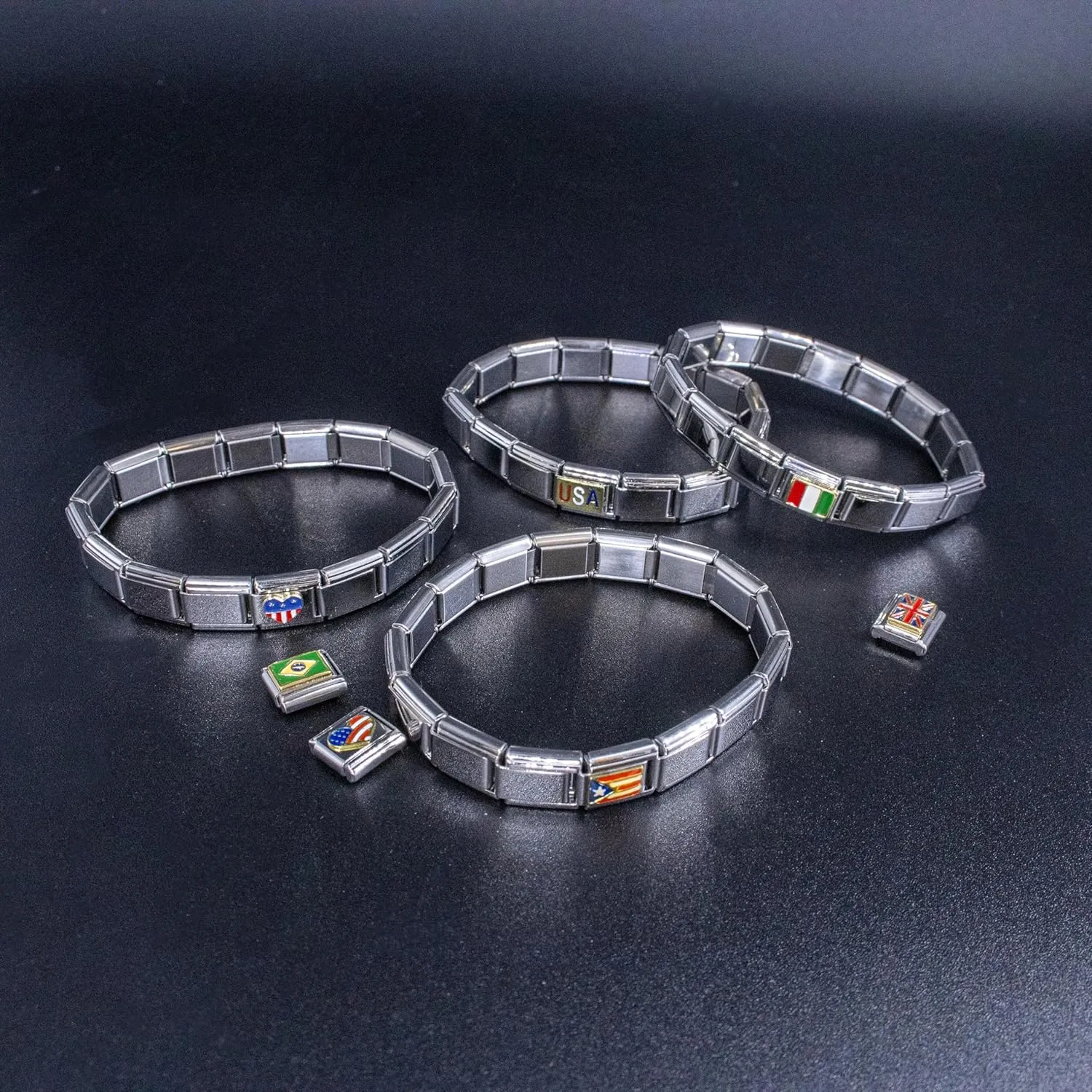 Fablinks Italian Bracelet Charms, 9mm Stainless Steel Flag Charm Link Jewelry for Women, Ethnic Pride Country Flags Enamel Links for Men