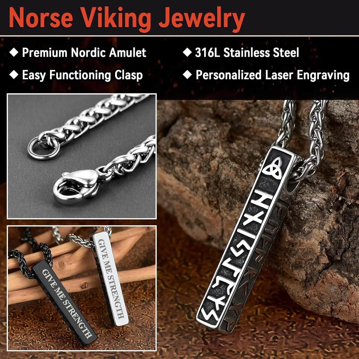 FaithHeart Norse Viking Rune Necklace with Adjustable Braided Leather/Stainless Steel Rope Chains for Men Women, Vintage Amulet Jewelry Gift with Delicate Box