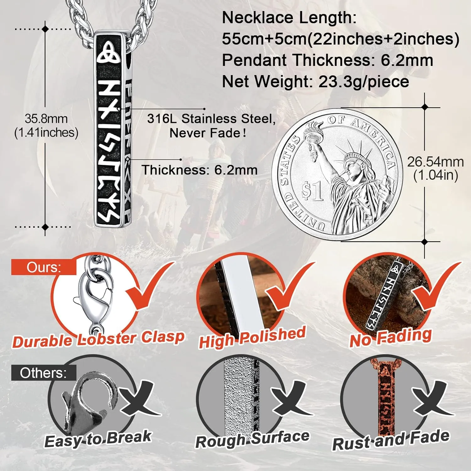 FaithHeart Norse Viking Rune Necklace with Adjustable Braided Leather/Stainless Steel Rope Chains for Men Women, Vintage Amulet Jewelry Gift with Delicate Box