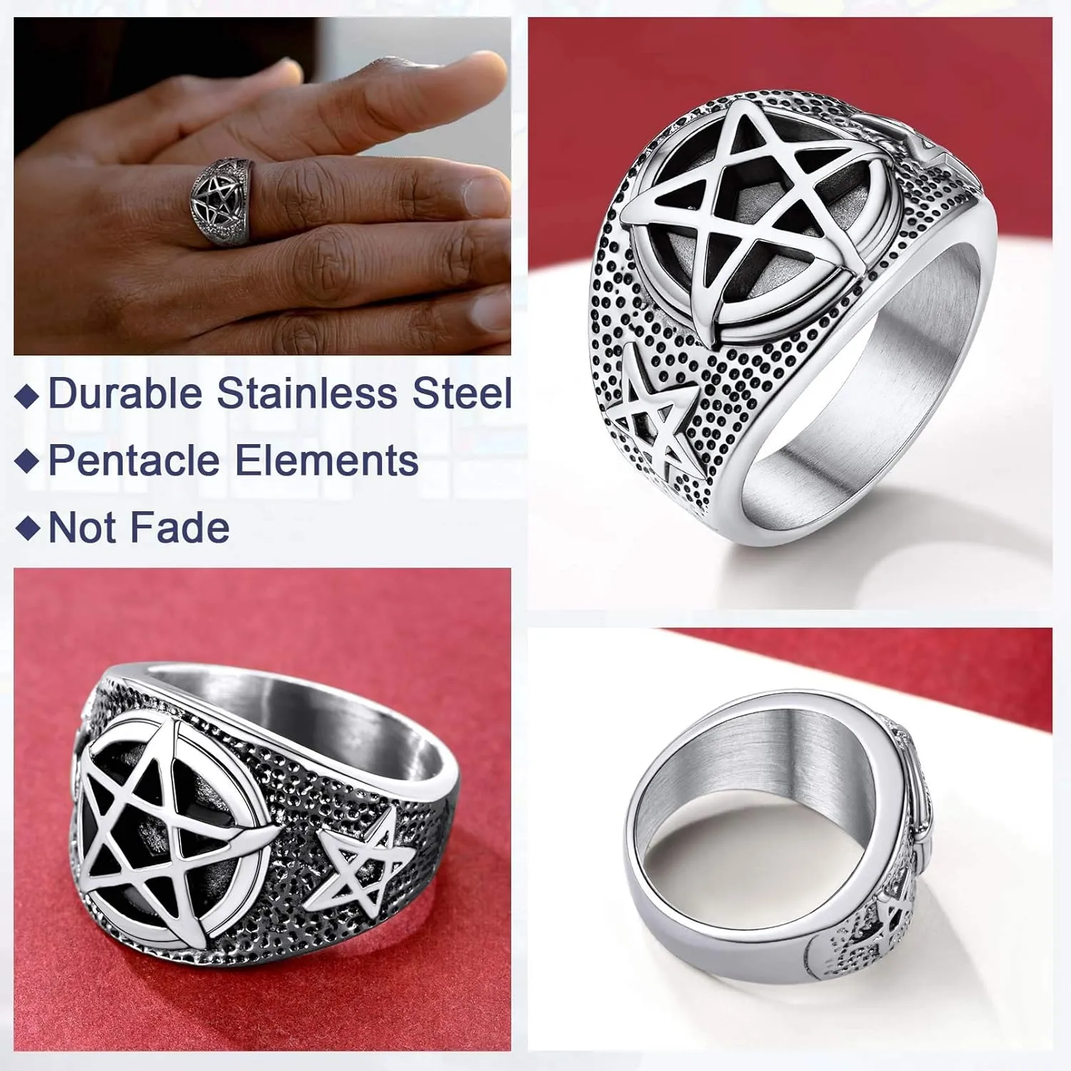 FaithHeart Satanic Jewelry Baphomet Goat Rings Sigil of Lucifer Satan Symbol Signet Ring for Men Woman Size 7/8/9/10/11/12/13/14 Personalized Custom