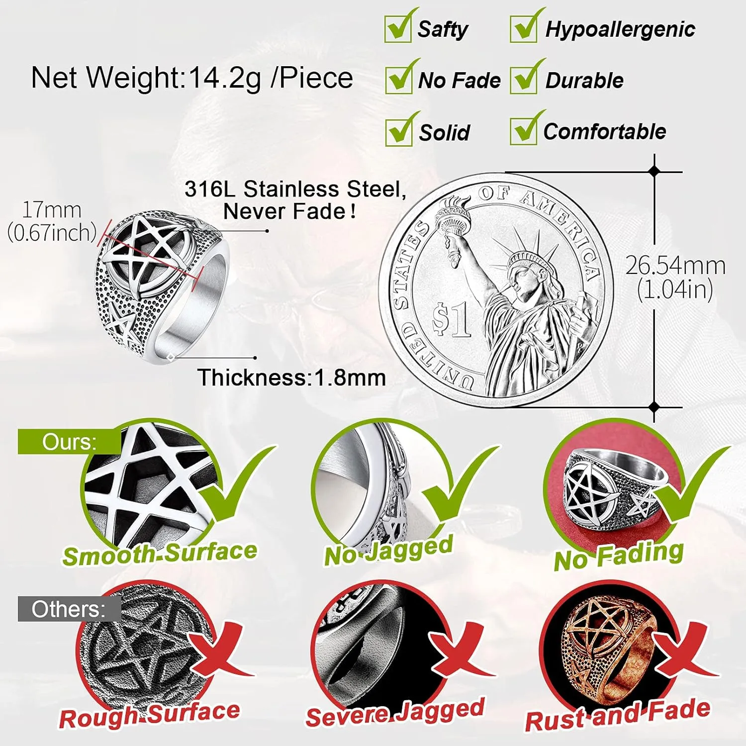 FaithHeart Satanic Jewelry Baphomet Goat Rings Sigil of Lucifer Satan Symbol Signet Ring for Men Woman Size 7/8/9/10/11/12/13/14 Personalized Custom