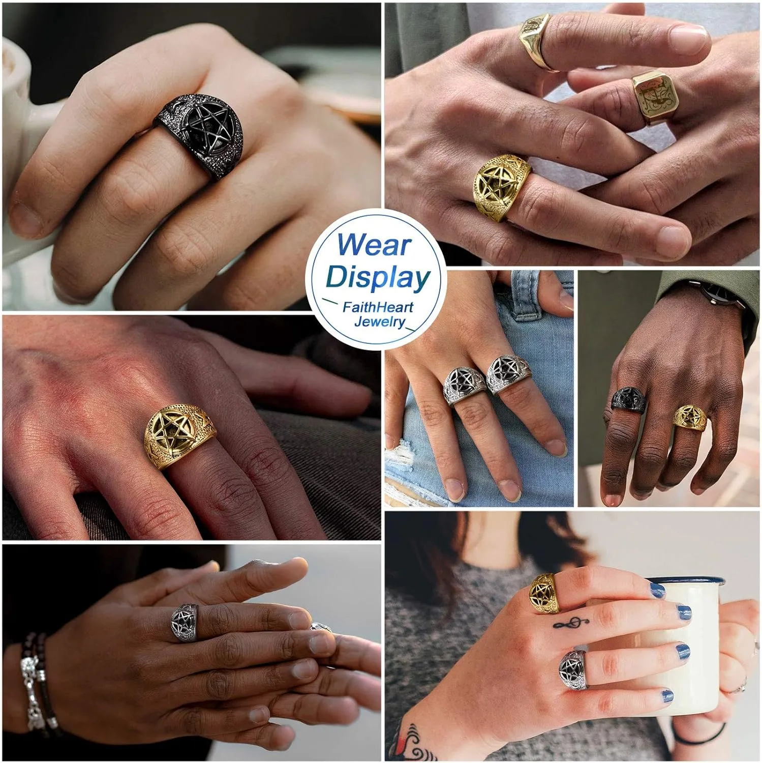 FaithHeart Satanic Jewelry Baphomet Goat Rings Sigil of Lucifer Satan Symbol Signet Ring for Men Woman Size 7/8/9/10/11/12/13/14 Personalized Custom
