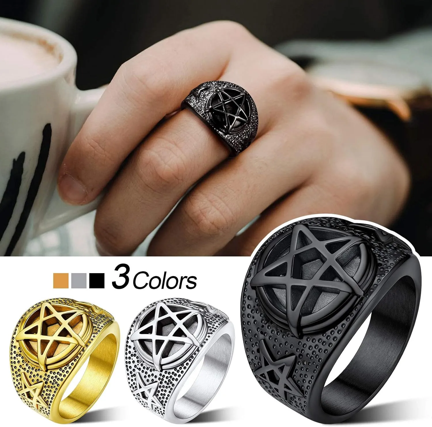 FaithHeart Satanic Jewelry Baphomet Goat Rings Sigil of Lucifer Satan Symbol Signet Ring for Men Woman Size 7/8/9/10/11/12/13/14 Personalized Custom