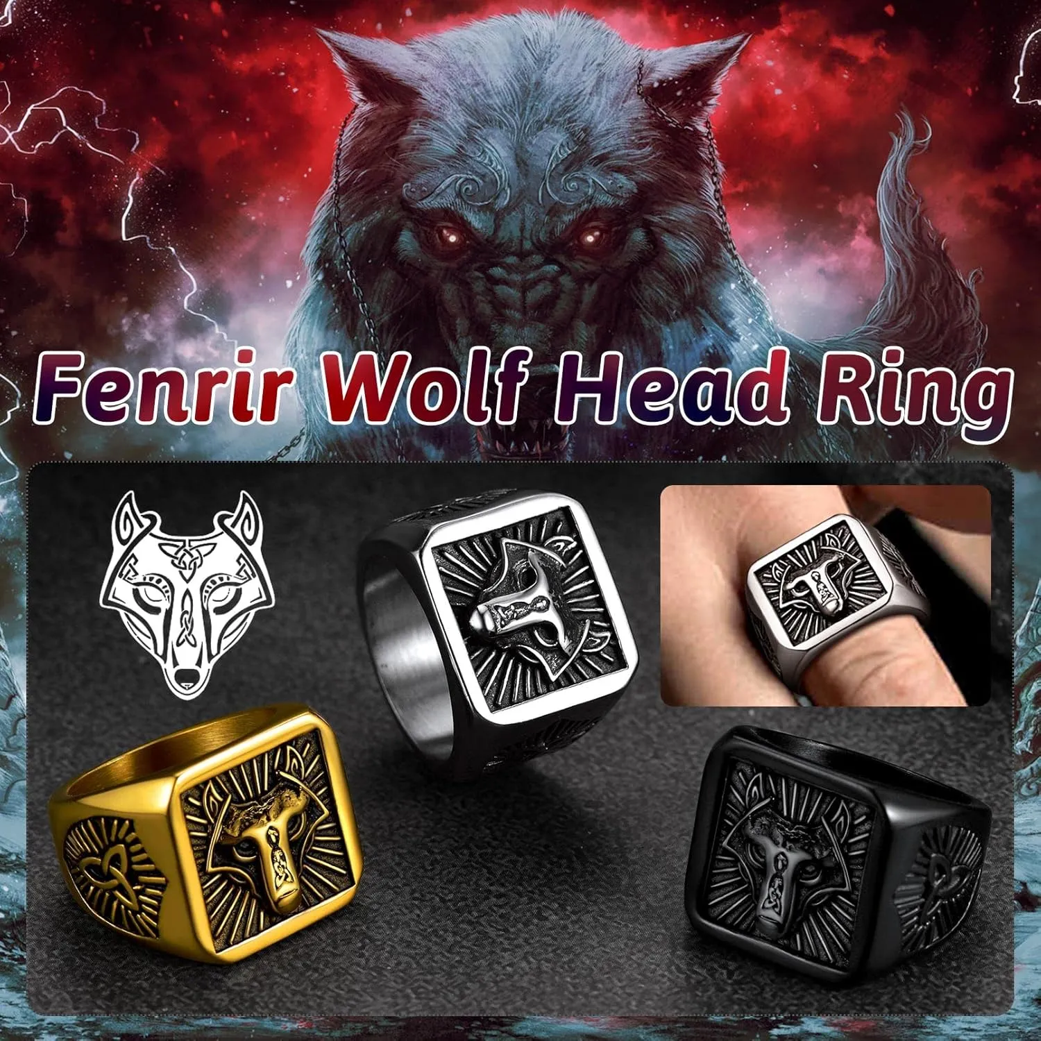 FaithHeart Wolf Head Signet Rings for Men Women Stainless Steel Norse Viking Ring Size 7/8/9/10/11/12/13/14 Personalized Custom