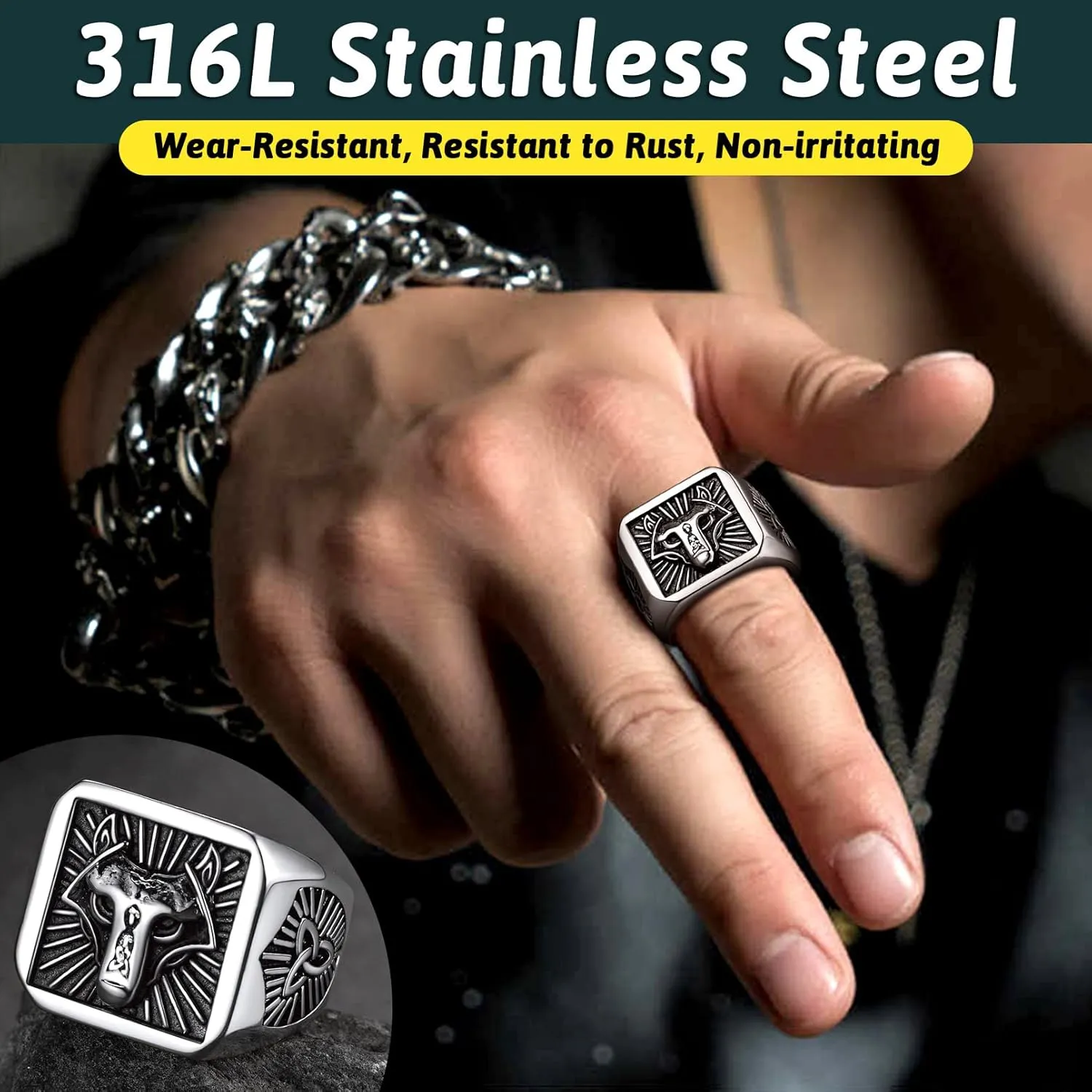 FaithHeart Wolf Head Signet Rings for Men Women Stainless Steel Norse Viking Ring Size 7/8/9/10/11/12/13/14 Personalized Custom