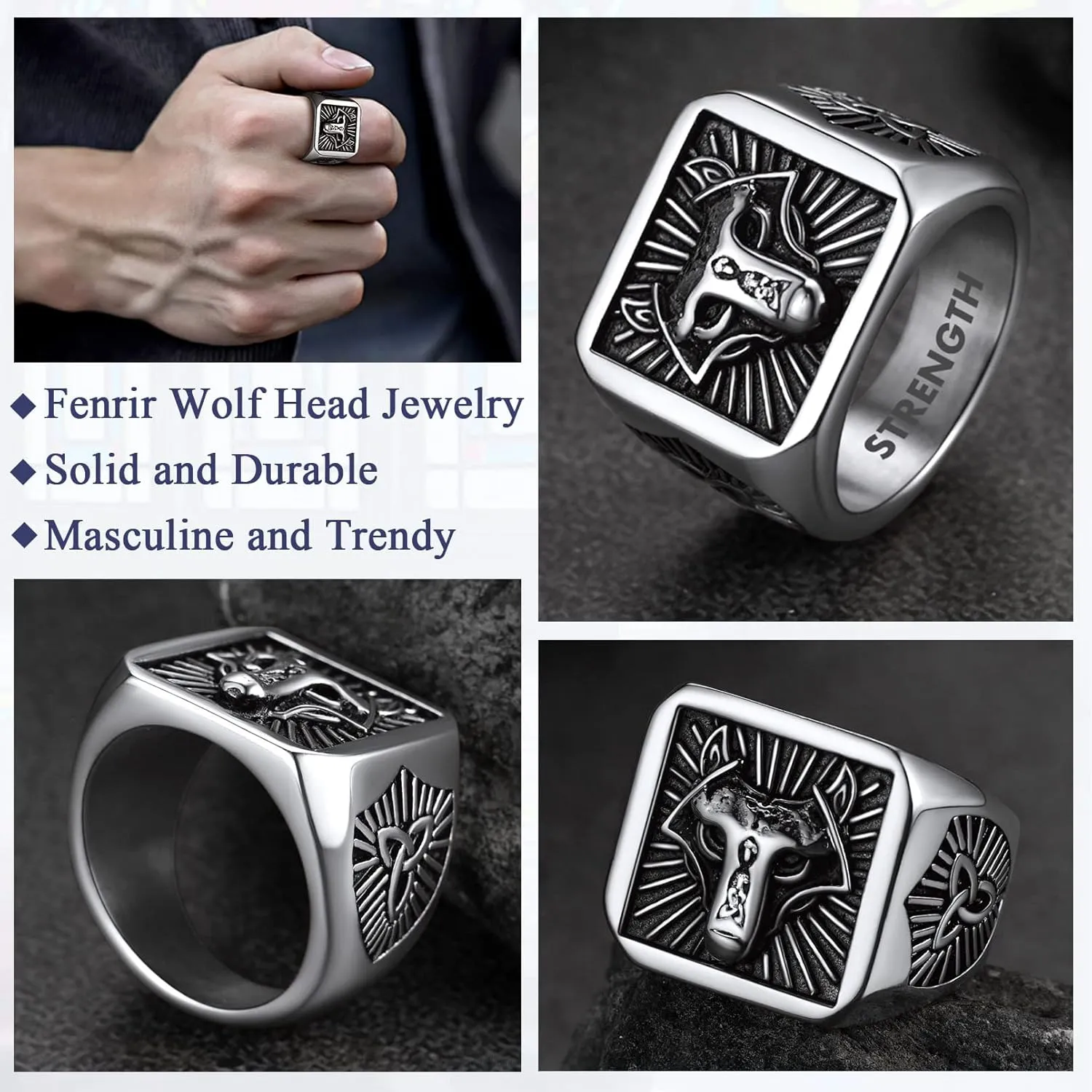 FaithHeart Wolf Head Signet Rings for Men Women Stainless Steel Norse Viking Ring Size 7/8/9/10/11/12/13/14 Personalized Custom