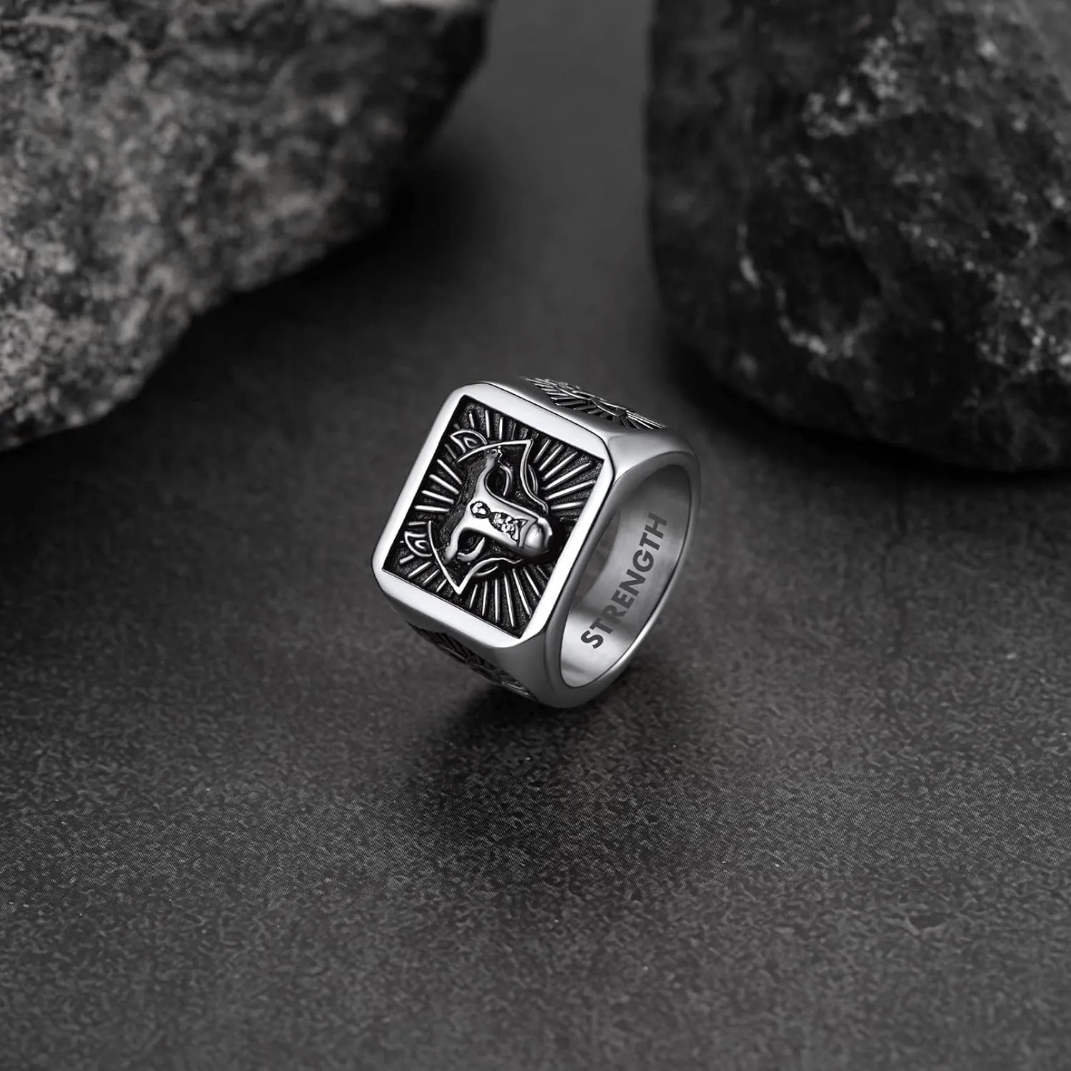 FaithHeart Wolf Head Signet Rings for Men Women Stainless Steel Norse Viking Ring Size 7/8/9/10/11/12/13/14 Personalized Custom