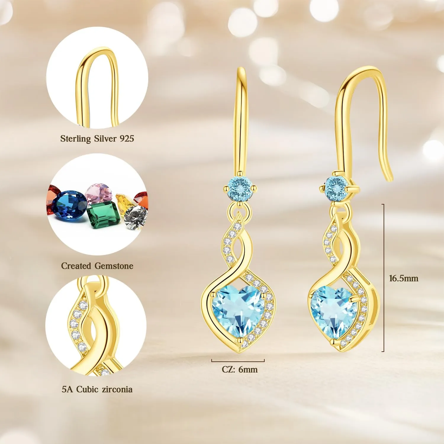FANCIME Heart Infinity Dangle Drop Earrings 925 Sterling Silver Heart Gemstone Birthstone Earring Fine Jewelry Birthday Gifts for Women