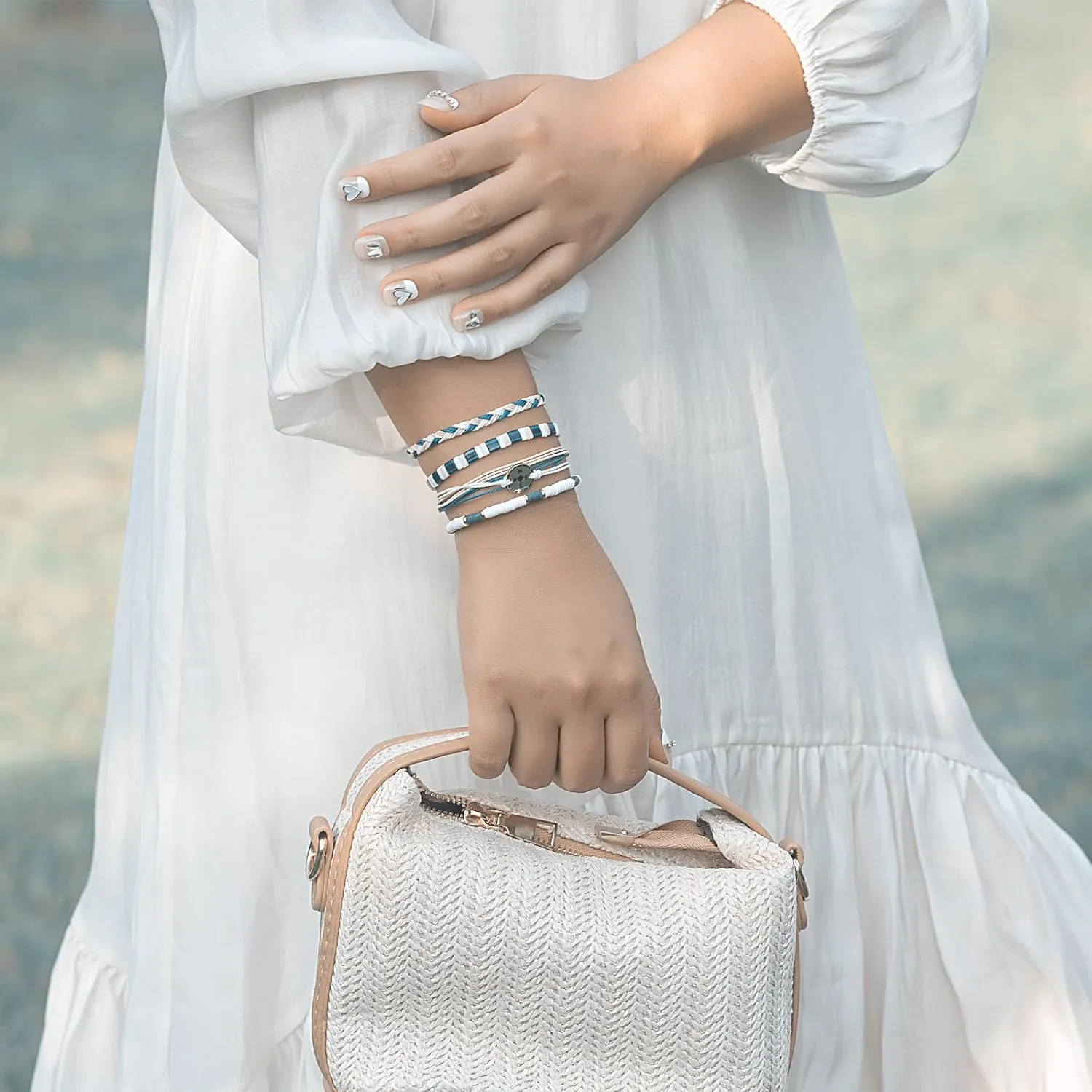 FANCY SHINY Beaded String Bracelets Compass Charm Clay Beads Boho Bracelet Stack Friendship Bracelets for Women