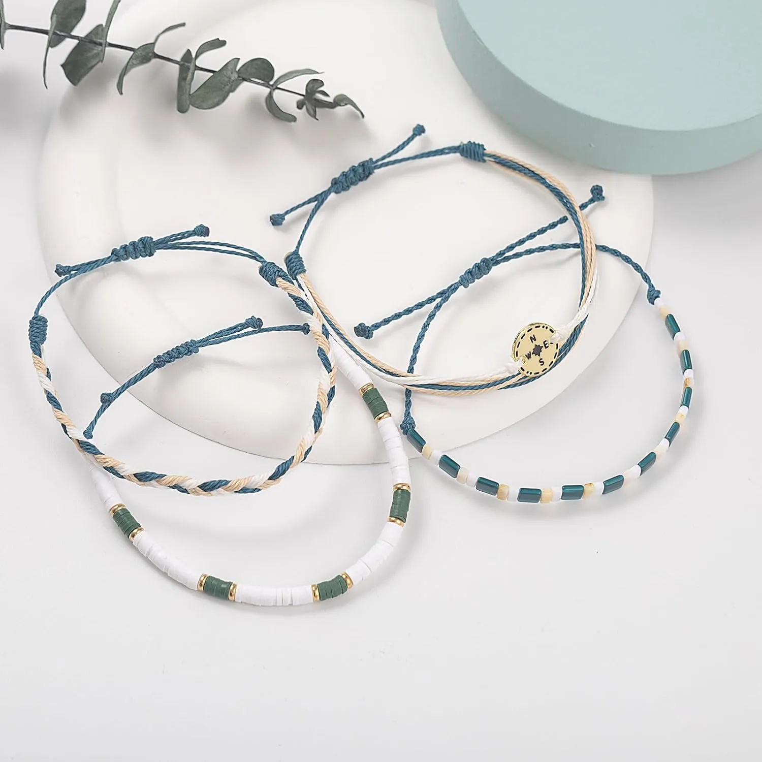 FANCY SHINY Beaded String Bracelets Compass Charm Clay Beads Boho Bracelet Stack Friendship Bracelets for Women