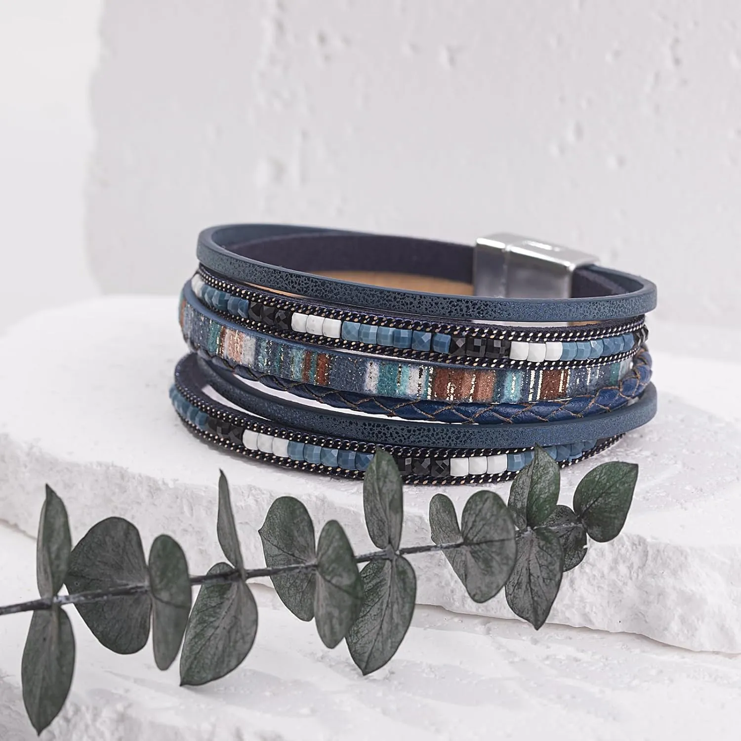 FANCY SHINY Boho Leather Wrap Bracelets Trendy Layered Bracelets with Magnetic Clasp Strackable Bohemian Jewelry Gifts for Women
