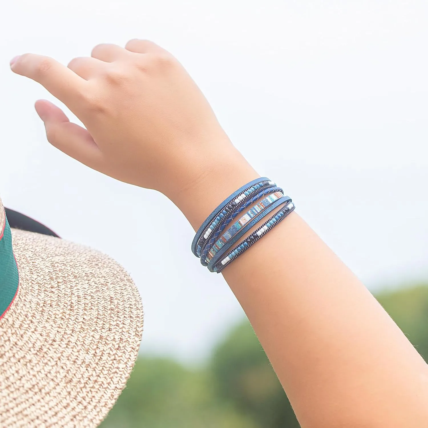 FANCY SHINY Boho Leather Wrap Bracelets Trendy Layered Bracelets with Magnetic Clasp Strackable Bohemian Jewelry Gifts for Women