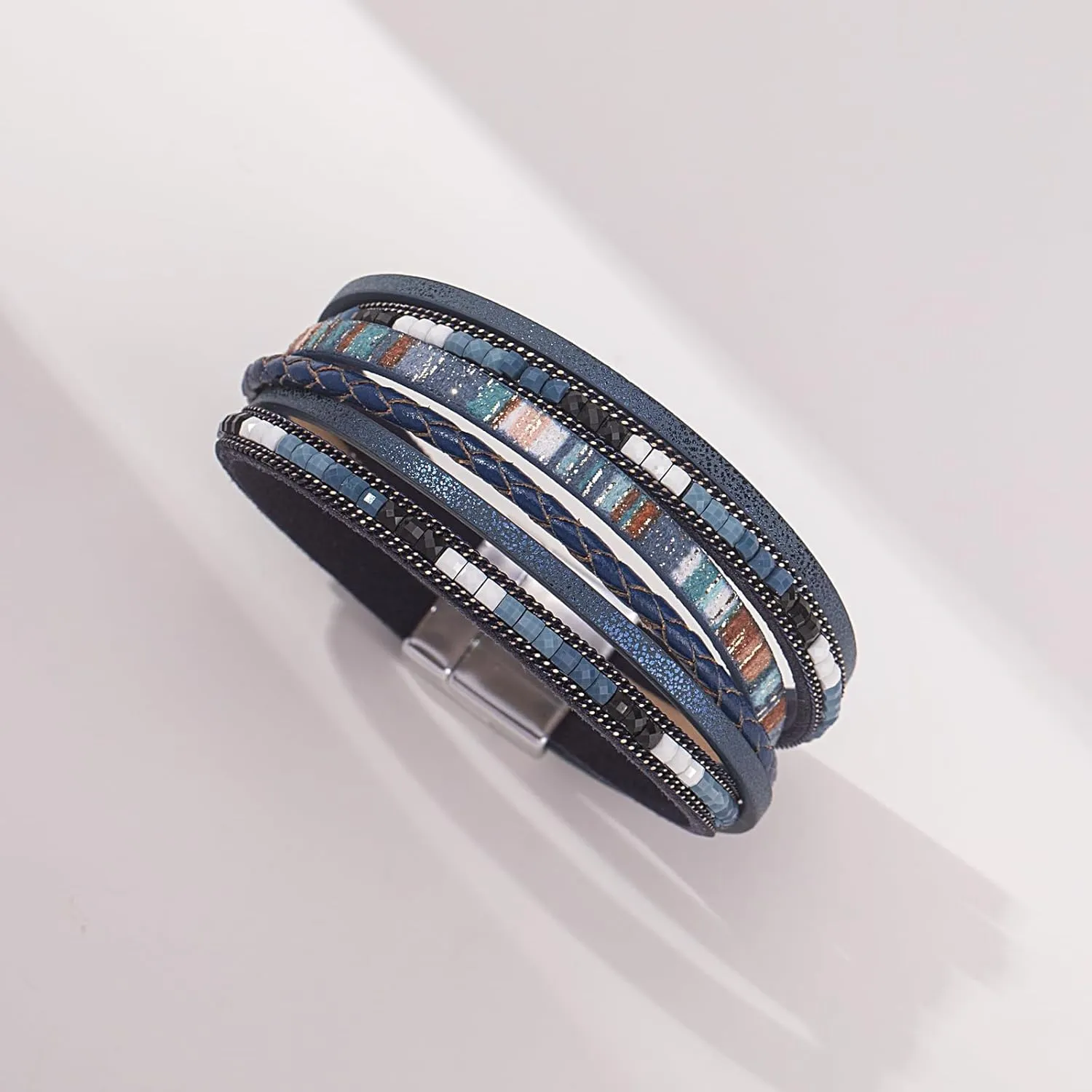 FANCY SHINY Boho Leather Wrap Bracelets Trendy Layered Bracelets with Magnetic Clasp Strackable Bohemian Jewelry Gifts for Women