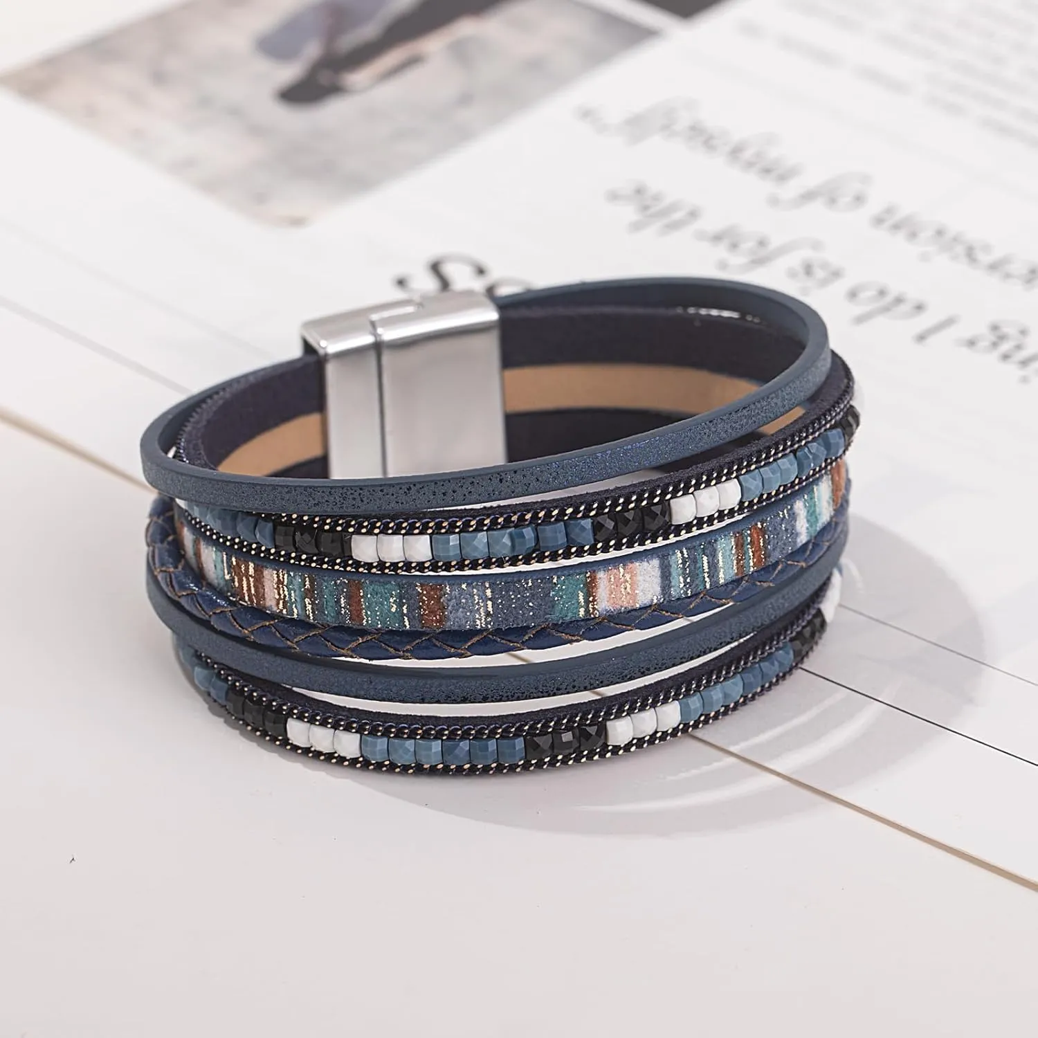 FANCY SHINY Boho Leather Wrap Bracelets Trendy Layered Bracelets with Magnetic Clasp Strackable Bohemian Jewelry Gifts for Women
